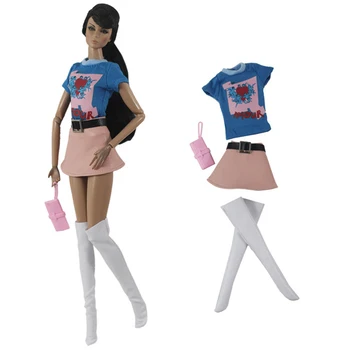 1 Комплект модного платья, синяя рубашка + Розовые юбки из искусственной кожи + Повседневные носки + Сумка, одежда ручной работы для куклы Барби, Аксессуары, 1/6 Игрушка BJD