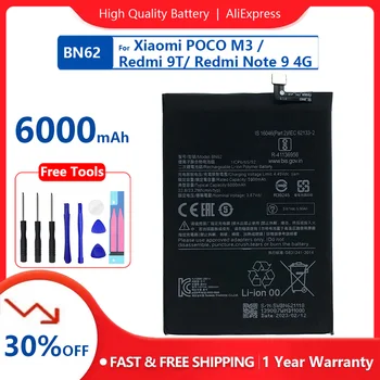 100% Оригинальный Аккумулятор Телефона BN62 6000 мАч Для Xiaomi POCO M3 Redmi Note 9 4G 9T Сменные Батареи Bateria + Бесплатные Инструменты