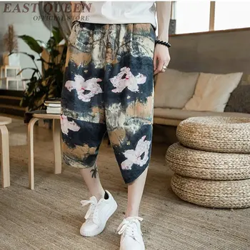 2021 Мужские Летние повседневные брюки большого размера в китайском стиле длиной до икр, Корейские хлопковые Свободные Мужские брюки с принтом, Уличная одежда FF453
