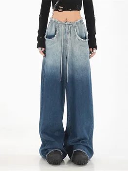 2022 Женские джинсы с высокой талией, винтажные прямые мешковатые брюки, шикарный дизайн, уличная одежда, Градиентный цвет, джинсы в стиле хип-хоп, широкие брюки