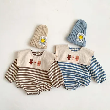 2023 Весенне-осенний комбинезон для новорожденных мальчиков, полосатый хлопковый комбинезон с длинным рукавом и отворотом, свободный комбинезон для новорожденных мальчиков, одежда для маленьких мальчиков