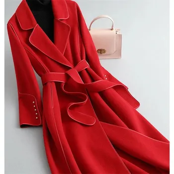 2023 Весенне-осенняя модная тонкая шерстяная куртка Женская черная С поясом Элегантные Темпераментные женские пальто однотонное длинное шерстяное пальто