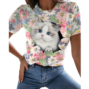 2023, Женская футболка Kawaii, Летнее животное, Лесной кот, 3D принт, короткий рукав, топ, пуловер, Винтажная модная повседневная одежда