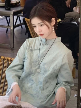 2023 Китайская традиционная блузка в стиле ретро hanfu, блузка с рукавами три четверти, женский шифоновый винтажный чайный топ hanfu с вышивкой a441