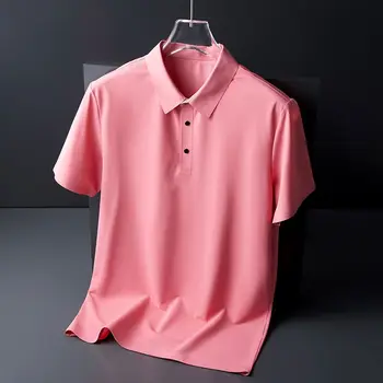 2023 Мужская летняя мода Ice Silk Бесследная рубашка поло Мужские деловые Повседневные однотонные футболки Мужская дышащая рубашка ПОЛО D84