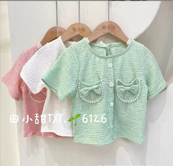 2023 Рубашка для девочек в корейском стиле с коротким рукавом, модная летняя блузка для девочек от 3 до 8 лет E535