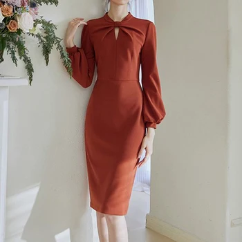 2023 Французское платье для женщин со средним и длинным стоячим воротником, рукавом-фонариком и ягодицами, облегающее платье-футляр до середины икры
