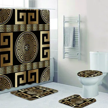 3D Роскошный Черный Золотой Греческий Ключ Меандр Занавески для ванной Набор штор для душа для ванной комнаты Современный Геометрический Декоративный коврик для ванной