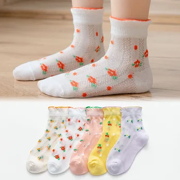 5 пар летних сетчатых носков для маленьких девочек, прекрасные цветочные клубничные стеклянные ледяные шелковые чулки для новорожденных, детские носки средней длины