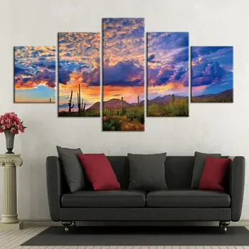 5 Штук Кактусовых пустынных пейзажей Картины на холсте Настенный плакат HD Print Art Без рамок 5 Панелей Декор комнаты