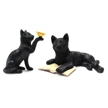  6 шт. Миниатюрная фигурка черного кота из смолы со светящимися в темноте глазами, статуи садового кола, декор для двора на Хэллоуин