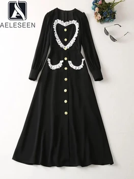 AELESEEN, модное женское черное платье для подиума, весна-осень, квадратный воротник, кружевное лоскутное платье с оборками в виде сердца, Элегантное длинное праздничное платье для отпуска