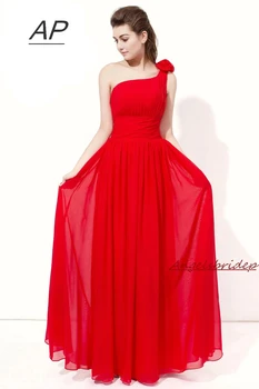 ANGELSBRIDEP Красные платья подружек невесты, Длинное вечернее платье Madrinha, Шифоновое Платье ручной работы с цветком на одно плечо, свадебные платья для гостей, вечерние платья