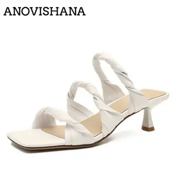 ANOVISHANA, женские тапочки из мягкой натуральной кожи, на маленьком каблуке, с плиссированным ремешком, большие размеры 33-40, белые, для отдыха, летние S3640