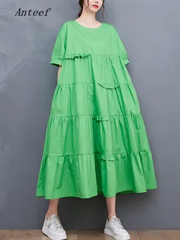 Anteef с коротким рукавом oversize черно-зеленые хлопчатобумажные винтажные платья для женщин, повседневное свободное длинное летнее платье, элегантная одежда 2022