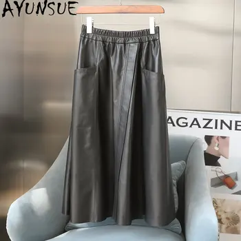 AYUNSUE, высококачественная юбка из натуральной овчины, расклешенные женские юбки средней длины в корейском стиле, эластичный пояс