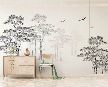 beibehang Индивидуальный минималистичный черно-белый эскиз в скандинавском стиле, абстрактное дерево, птица, фон для телевизора, обои, домашний декор