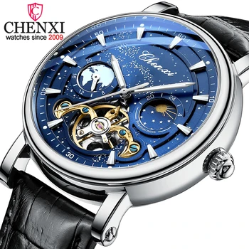 CHENXI, новые мужские автоматические часы, лучший бренд, наручные часы с механическим кожаным ремешком, водонепроницаемые мужские модные люминесцентные кварцевые часы