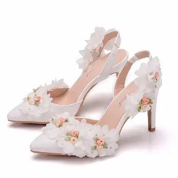 Crystal Queen Элегантные Сандалии для взрослых Свадебные туфли для новобрачных на высоком каблуке 10 см с острым носком, вечернее платье с кружевным цветком
