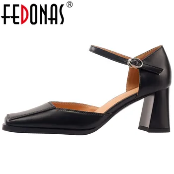 FEDONAS 2023, Модное новое поступление, женские туфли-лодочки, весна-лето, офисная вечеринка, Женская обувь из натуральной кожи с квадратным носком на толстом высоком каблуке