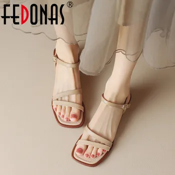 FEDONAS, Лаконичные женские босоножки на низком каблуке, узкая лента, ремешок на щиколотке из натуральной кожи, Повседневная рабочая Удобная женская летняя обувь