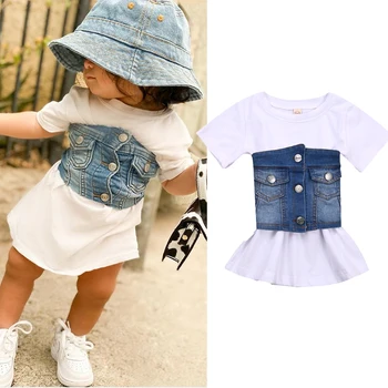 FOCUSNORM/ Комплекты летней модной детской одежды для девочек от 1 до 6 лет, однотонное платье трапециевидной формы с коротким рукавом + джинсовый синий жилет с поясом, 2 шт.