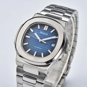 HUAYRA Fashion Luxury 42 мм Квадратные автоматические механические мужские часы с синим циферблатом и датой, ремешок из нержавеющей стали с застежкой