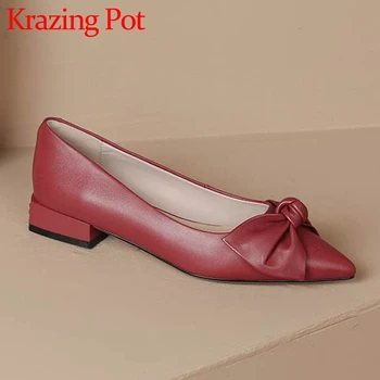 Krazing Pot/ Новое поступление, натуральная кожа, туфли-лодочки на низком каблуке с острым носком и узлом-бабочкой, вечерние туфли-лодочки без застежки для зрелой девушки