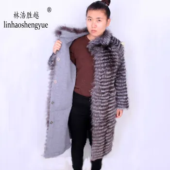 Linhaoshengyue 110 см Длина натурального меха чернобурки, шерстяная вязаная подкладка, стильный воротник-стойка