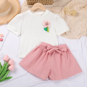 Menoea Kids / Комплекты одежды для маленьких девочек, летние топы с короткими рукавами в цветочек + шорты-бандажи, 2 предмета, детская одежда, модная одежда для девочек