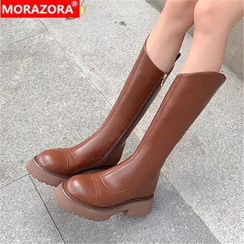 MORAZORA / 2023 Новые зимние сапоги до колена на молнии, женская обувь на платформе на толстом высоком каблуке, женские ботинки из натуральной кожи