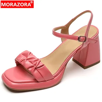 MORAZORA 2023, Новые плиссированные сандалии из овчины, женские модные модельные туфли с пряжкой, босоножки на платформе на толстом высоком каблуке.