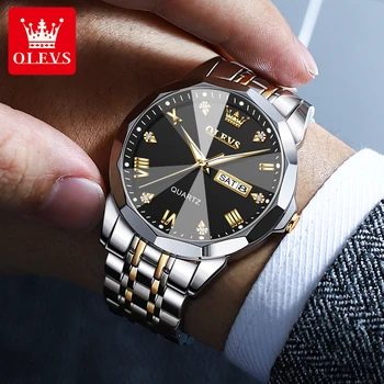 OLEVS 9931, Мужские наручные часы с водонепроницаемым ремешком из нержавеющей стали, креативные деловые кварцевые часы для мужчин, светящийся календарь