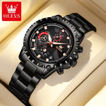 OLEVS Мужские часы класса люкс Топовый бренд Кварцевые из нержавеющей стали Многофункциональный дизайн циферблата Трехглазые водонепроницаемые спортивные модные часы