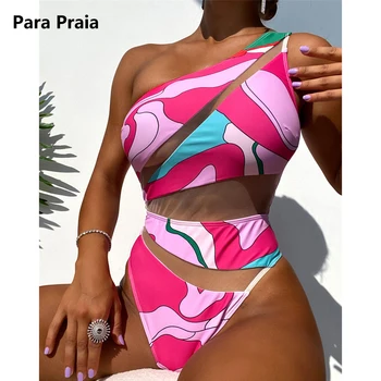 Para Praia 2023 Сетчатый цельный купальник с одним плечом, купальники-бандо для женщин, сексуальный купальник, Монокини с высокой талией, боди