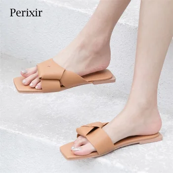 Perixir/ модные брендовые тапочки из натуральной кожи, женская обувь высокого качества на плоской подошве, удобные летние женские тапочки на женском каблуке 2020