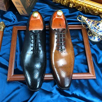 Phenkang/ Мужские итальянские оксфордские туфли из натуральной кожи с крылышками, с острым носком, на шнуровке, Свадебные деловые мужские туфли на платформе
