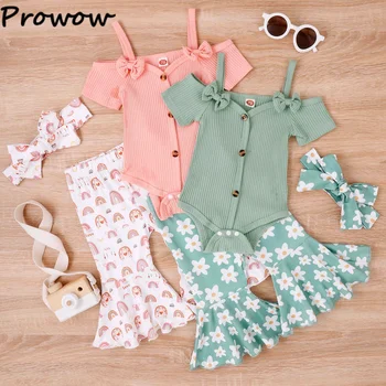 Prowow/Комплекты одежды для маленьких девочек 0-24 м, комбинезон с открытыми плечами + расклешенные брюки с цветочным принтом, летняя одежда для маленьких девочек 2023 г.