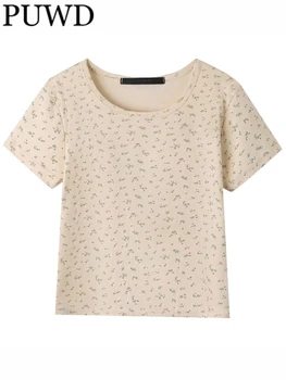 PUWD Повседневные женские футболки из мягкого хлопка бежевого цвета с цветочным принтом 2023, Летние винтажные женские топы с круглым вырезом и короткими рукавами, Шикарные