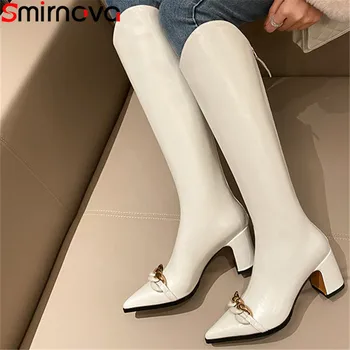 Smirnova 2022 Новые модные сапоги до колена зимние женские ботинки из натуральной кожи на молнии, модельные туфли на толстом высоком каблуке.