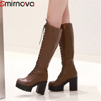 Smirnova, большие размеры 34-43, модные сапоги до колена, женские осенне-зимние ботинки с перекрестной шнуровкой, женские ботинки на платформе, новинка 2023 года