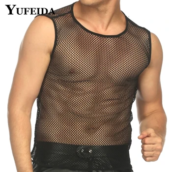 YUFEIDA, сексуальные мужские ажурные майки, Прозрачная сетчатая пижама, Прозрачная ночная одежда, майки без рукавов, футболки, Майки, жилет