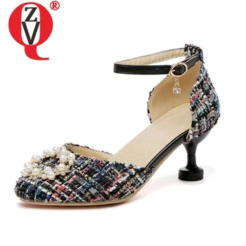 ZVQ Женские модные туфли-лодочки нового стиля, тканевый верх, круглый носок, Высокие каблуки, ремешок на щиколотке, пряжка, Летняя брендовая обувь нового стиля из 2 предметов