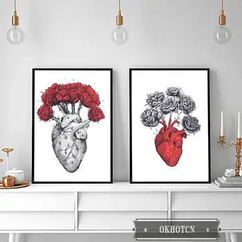 Абстрактная картина на холсте с цветочным органом, красно-серое сердце, цветочные плакаты и принты, настенное искусство для гостиной, украшение дома