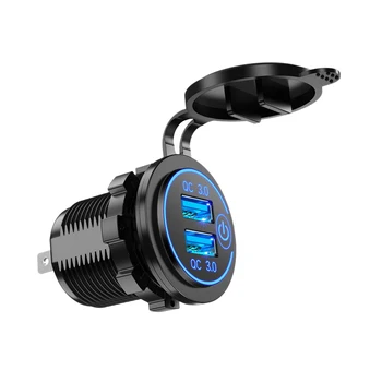 Автомобильное зарядное устройство Quick Charge 3.0 с двумя USB-портами 12 В 36 Вт Быстрое USB-зарядное устройство с переключателем для лодки Мотоцикла Грузовика Гольф-кара Синий