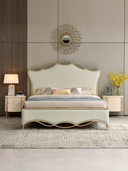Американская легкая роскошная кровать из массива дерева, современная простая лента, европейская искусственная кожа, французская двуспальная кровать