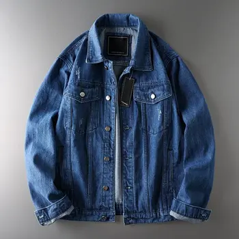 Американский промытый основной цвет весенне-осенний молодежный тренд, мужская потертая куртка с лацканами, модная повседневная джинсовая куртка на пуговицах, пальто