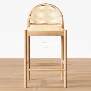 Барные стулья из ротанга в скандинавском стиле из массива дерева Современная барная мебель Легкий Роскошный Высокий стул Простой обеденный стул с домашней спинкой Стул для стойки регистрации