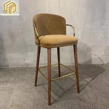 Барный стул Легкий роскошный барный стул Коммерческое деревянное кресло с тканевой обивкой, кофейня, повседневный барный стул, высокий стул