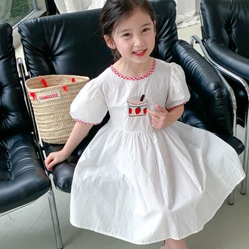 Белое платье для девочек, Летние платья с пышными рукавами и принтом Клубничного мороженого, Платья принцесс от 3 до 7 лет, Vestidos, Детская праздничная одежда